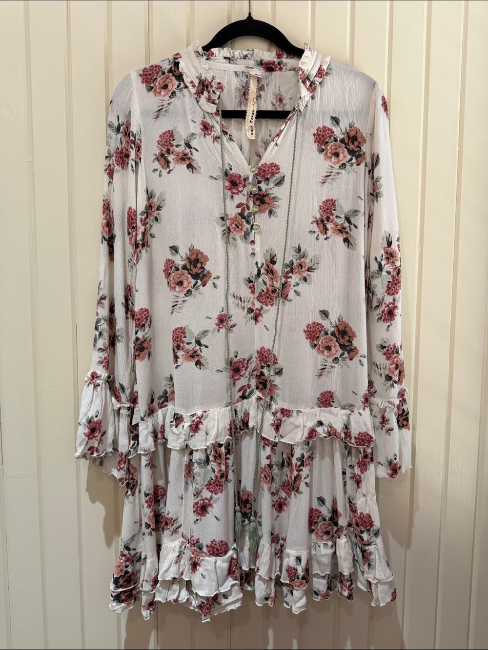 Uncle Frank White Floral Tiered Ruffle Long-Sleeve Dress